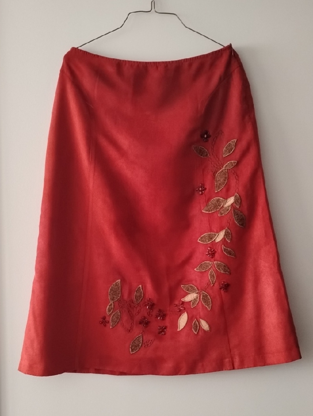 Red Embroidered A-Line Skirt with Floral Detail